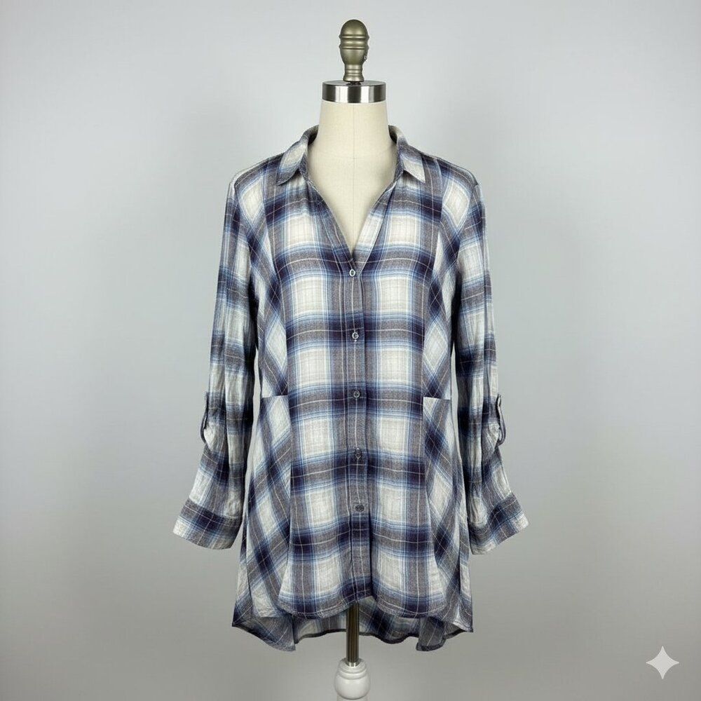 Vintage America Blue White Plaid Flannel Button Down Shirt Large